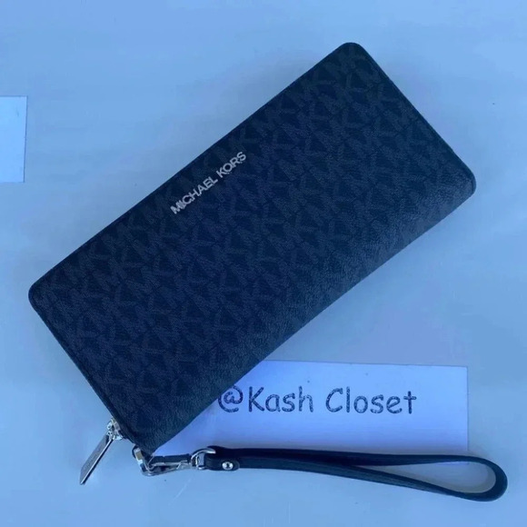 Michael Kors MK Jet Set Travel Continental Large Logo Wristlet / Wallet - Black - Picture 2 of 7